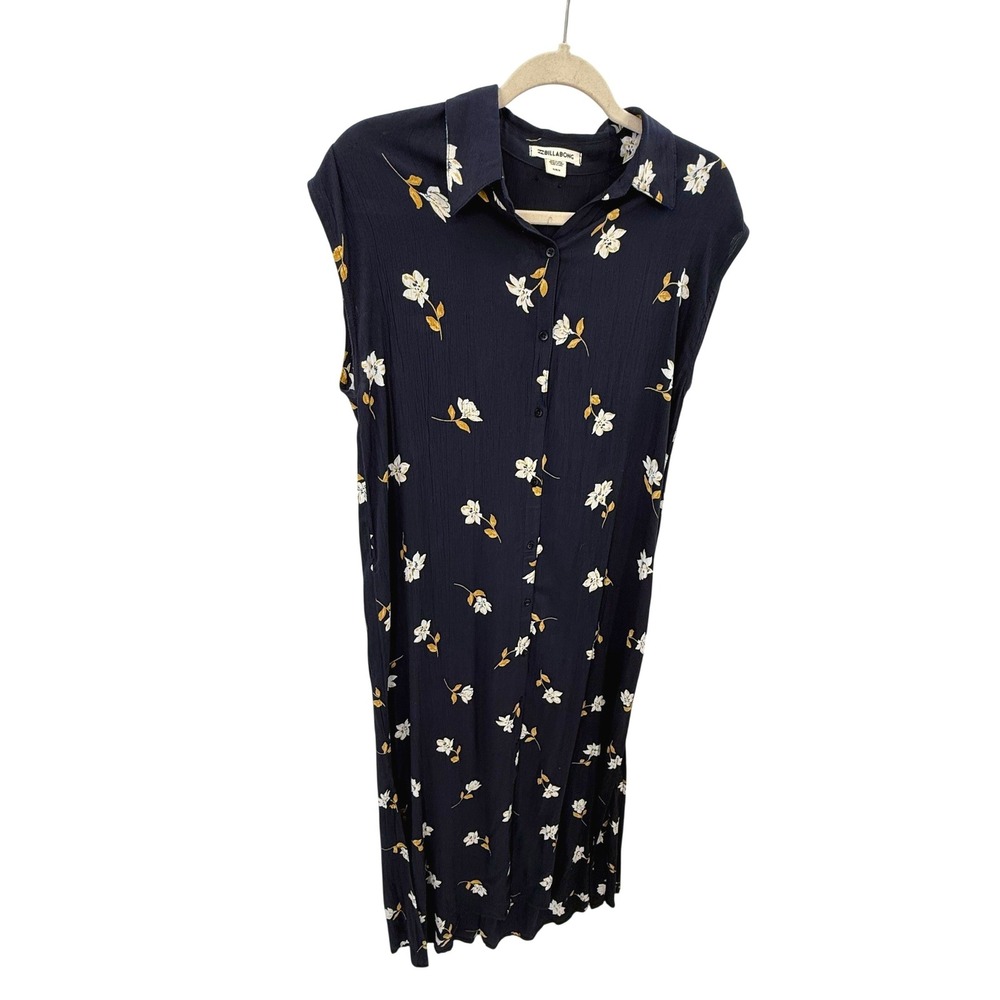 Billabong Navy Blue Floral Button Down Sleeveless Midi Dress Womens Medium